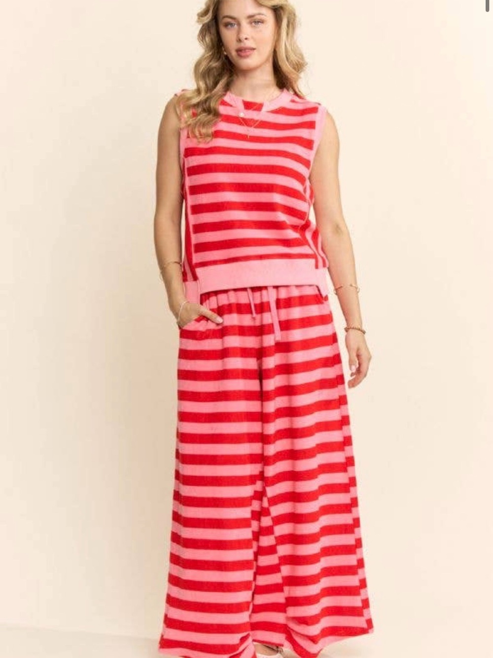 DAVI & DANI | Pink and Red Striped Towel Knit Wide-Leg Two Piece Set size S